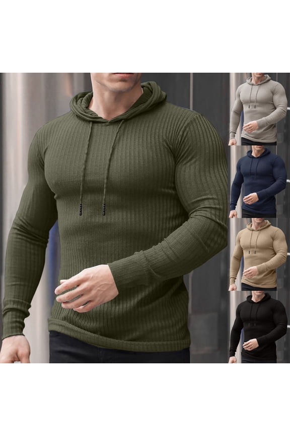 Men's Muscle Hoodies Stretch Long Sleeve Hooded Sweatshirt Fashion Ribbed Pullover Sweater Lightweight Running Workout Gym Sweatshirts Army Green M
