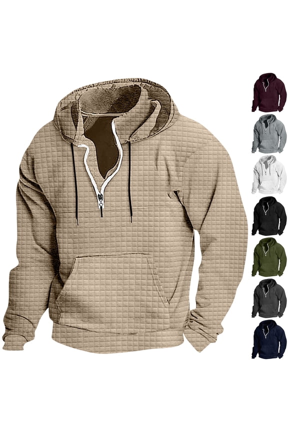 Men's Quarter Zip Hoodies Waffle Pullover Tops Casual Stand Collar Long Sleeve Drawstring Hooded Sweatshirt Tactical Hoodie with Pockets Army Green L