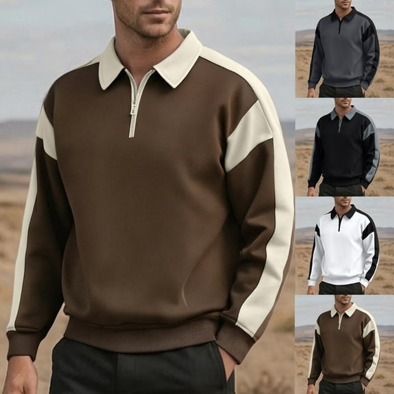 Momasggi Men's Quarter Zip Lapel Collar Sweatshirts Fashion Color Block Pullover Tops Casual Long Sleeve Sweatshirts Big and Tall Fall Winter Warm Fleece Sweatshirt Black 3XL