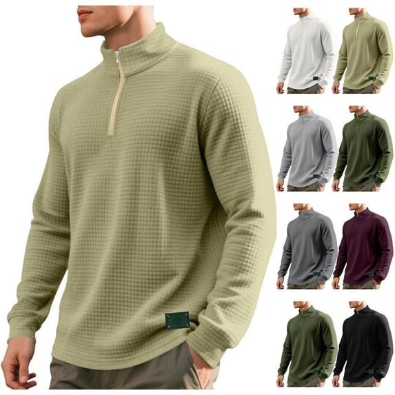Momasggi Men's Quarter Zip Sweatshirt Casual Waffle Pullover Tops Loose Fit Long Sleeve Stand Collar Sweatshirts Fashion Solid Color Sweatshirts White L