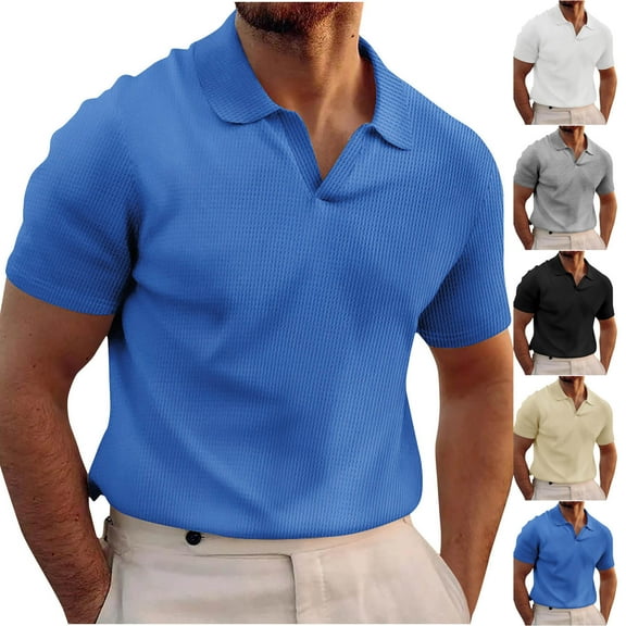 Momasggi Men's Short Sleeve Shirts Casual V Neck Collar T-Shirt Loose Fit Waffle Tees Fashion Solid Color Tops Summer Vacation Work Beach Shirt Black XL