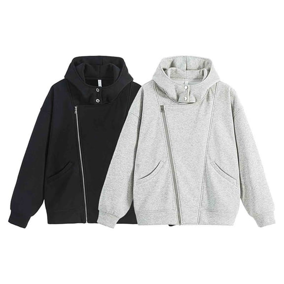 Momasggi Men's Skew Zip Up Hoodies Loose Fit Long Sleeve Hooded Sweatshirts Fashion Solid Color Pullover Tops Fall Winter Outerwear with Pockets Black M