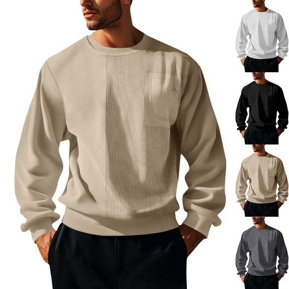 Momasggi Men's Solid Color Long Sleeve Sweatshirt Fashion Patchwork Shirts Loose Casual Crew Neck Pullover Tops Fall Warm Winter Sweatshirts White M