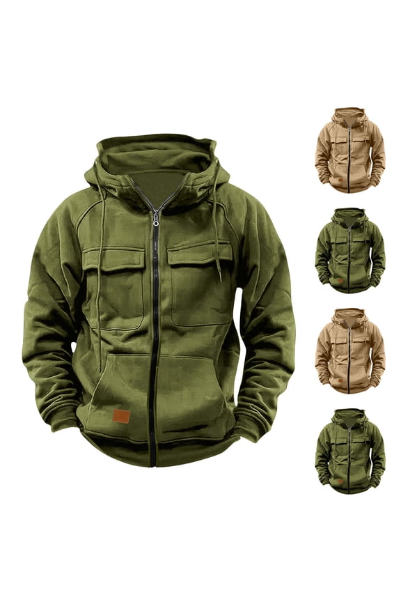 Men's Tactical Hoodies Full Zip Hoodie Jacket Casual Long Sleeve Cargo Hoodies Vintage Solid Color Hooded Sweatshirts with Pockets Khaki 2XL