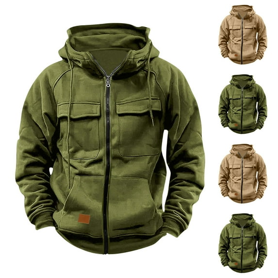 Momasggi Men's Tactical Hoodies Full Zip Hoodie Jacket Casual Long Sleeve Cargo Hoodies Vintage Solid Color Hooded Sweatshirts with Pockets Khaki M
