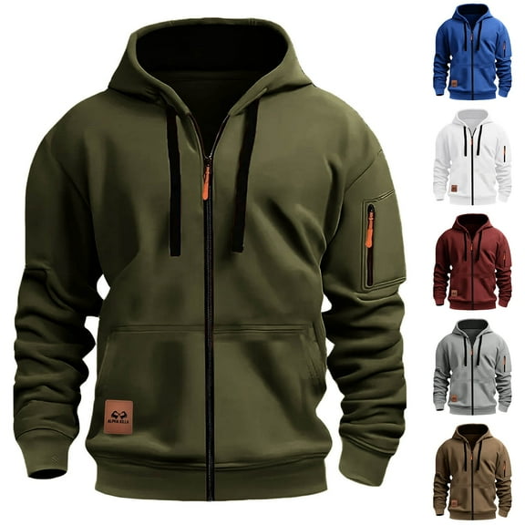Momasggi Men's Tactical Hoodies with Pockets Full Zip Sweatshirts Casual Loose Long Sleeve Drawstring Hooded Sweatshirts Outdoor Hoodies Jackets Army Green XL