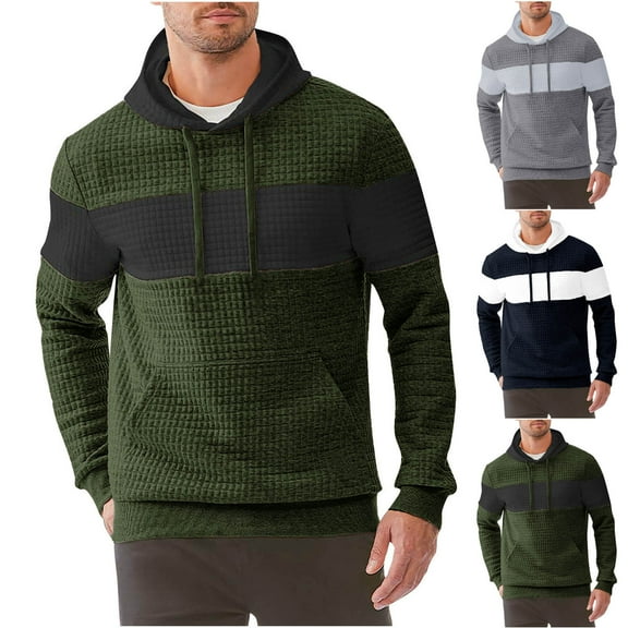 Momasggi Men's Waffle Hoodies Casual Long Sleeve Drawstring Hooded Sweatshirt Color Block Pullover Tops Winter Warm Hoodie with Pockets Army Green L