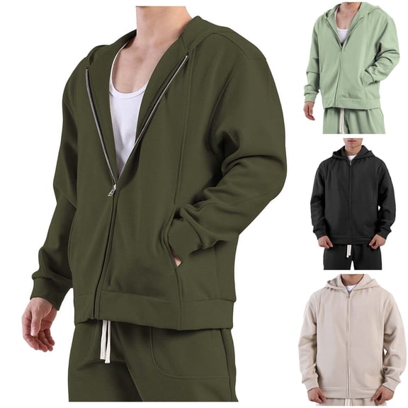 Momasggi Men's Zip Up Fleece Hoodie Casual Solid Color Winter Sweatshirt with Pockets Long Sleeve Fashion Basic Hooded Jackets Army Green M