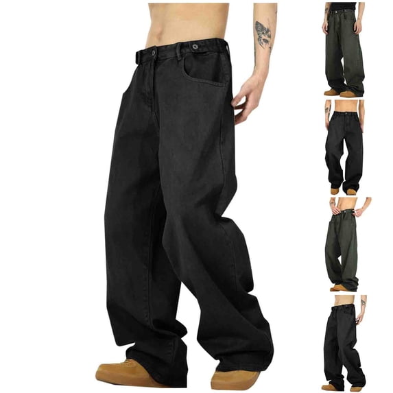 Momasggi Mens Baggy Jeans Y2k Wide Leg Pants Casual Loose Fit Solid Color Denim Pant Comfy High Waisted Streetwear with Pockets Green L