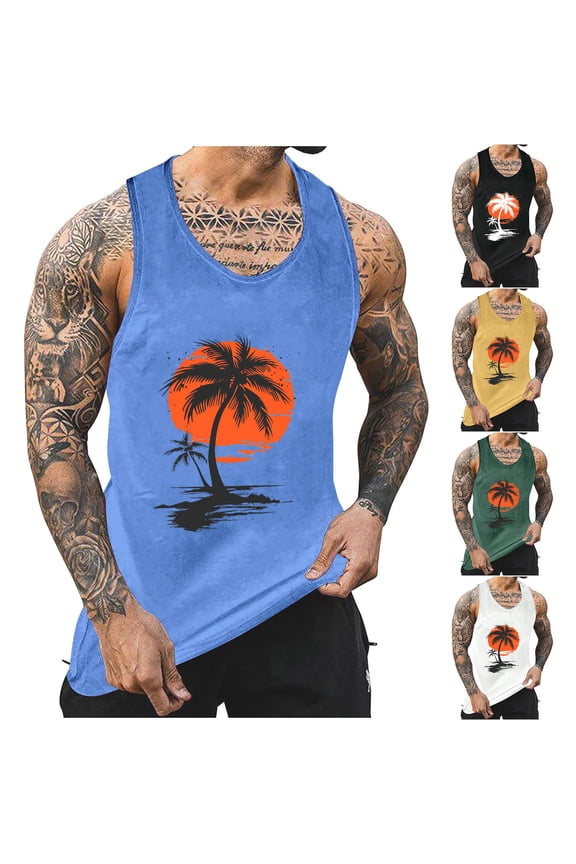 Mens Big and Tall Graphic Tank Tops Workout Sleeveless Shirts Muscle Tees Hawaiian Crewneck Vacation Tanks Summer Beach Tank Top Black 2XL