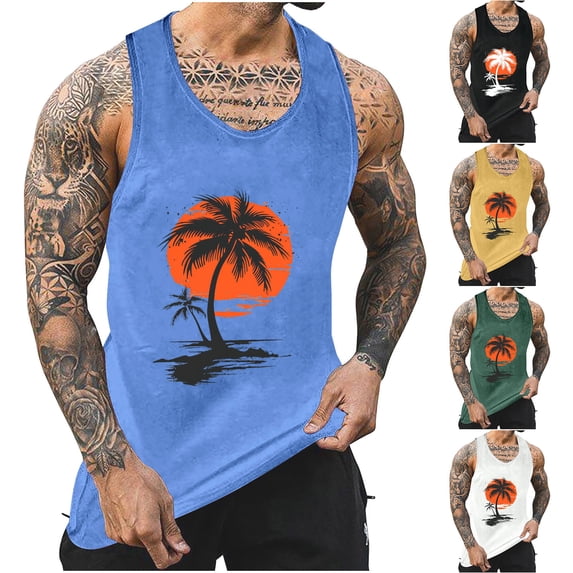 Momasggi Mens Big and Tall Graphic Tank Tops Workout Sleeveless Shirts Muscle Tees Hawaiian Crewneck Vacation Tanks Summer Beach Tank Top Green S