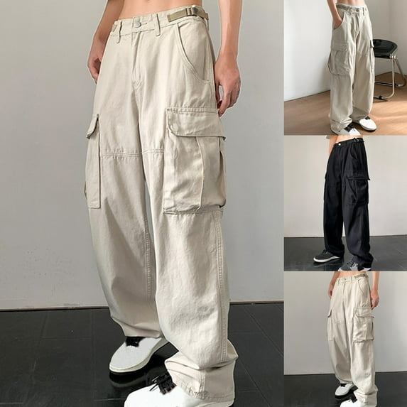 Momasggi Mens Cargo Pants Baggy Straight Leg Pants Solid Color Elastic Waist Pants Multi Pockets Trousers Lightweight Outdoor Hiking Pants Black 2XL