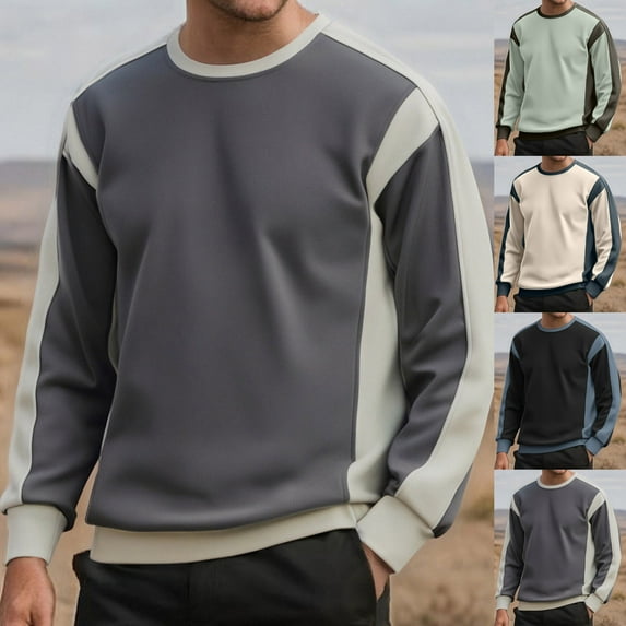 Momasggi Mens Color Block Sweatshirt Big and Tall Long Sleeve Crew Neck Pullover Tops Casual Patchwork Sweatshirt Thermal Outdoor Winter Sweatshirts Beige 5XL