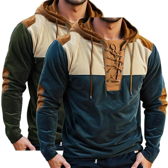 Momasggi Mens Corduroy Hoodies Lace Up Hooded Sweatshirts Casual Long Sleeve Patchwork Pullover Tops Outdoor Workout Tactical Hoodie with Elbow Patches Army Green L