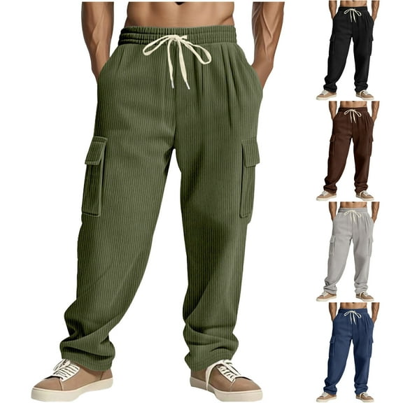 Momasggi Mens Corduroy Pants Casual Drawstring Elastic Waist Cargo Pants Fashion Solid Color Athletic Jogger Pants with Pockets Army Green L
