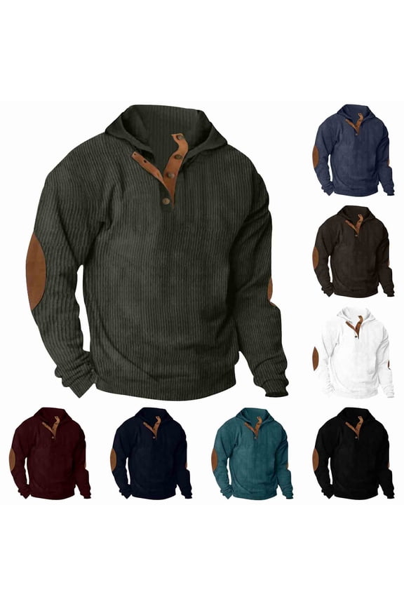 Mens Corduroy Sweatshirts Casual Stand Collar 1/4 Button Up Pullover Tops Vintage Long Sleeve Sweatshirt Outdoor Tactical Sweatshirt with Elbow Patches Navy S