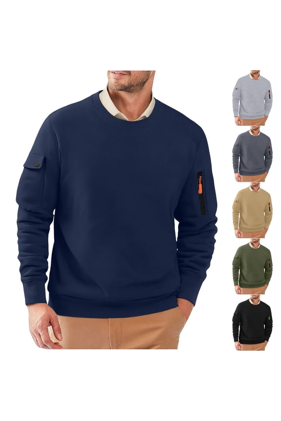 Mens Crewneck Sweatshirts Solid Color Cargo Sweatshirts Fall Winter Warm Pullover Tops Outdoor Long Sleeve Sweatshirt with Pockets Gray M