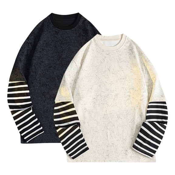 Momasggi Mens Fake Two Piece Patchwork Sweatshirt Loose Casual Long Sleeve Crew Neck Pullover Tops Fashion Striped Print Sweatshirts White L