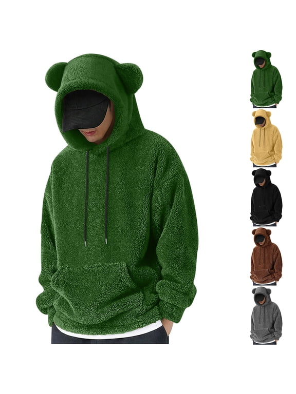 Mens Fuzzy Sherpa Hoodies Funny Bear Ears Hooded Sweatshirts Soft Comfy Long Sleeve Pullover Tops Warm Fall Winter Fleece Hoodie with Pockets Gray L