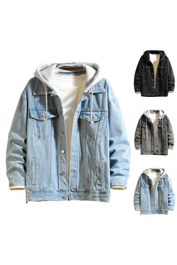 Mens Hoodie Jean Jacket Distressed Denim Jackets Big and Tall Button Down Jean Coat Casual Drawstring Long Sleeve Hooded Coat with Pockets Black XL