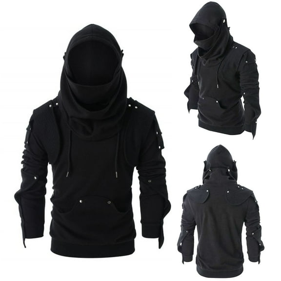Momasggi Mens Mask Hoodie Fashion Buttons Decor Pullover Tops Solid Color Long Sleeve Drawstring Hooded Sweatshirt Tactical Sweatshirts Black 2XL