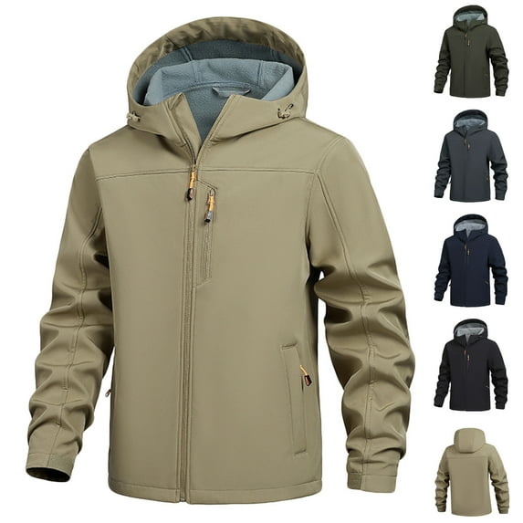Momasggi Mens Rain Jacket Fleece Lined Hooded Windbreaker Winter Hiking Outdoor Windproof Thermal Coat with Pockets Khaki L
