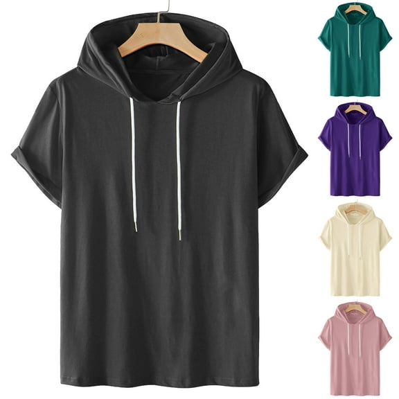 Momasggi Mens Short Sleeve Hoodie Big and Tall Drawstring Hooded T-Shirts Solid Color Workout Gym Tees Fashion Summer Athletic Tshirts Green M