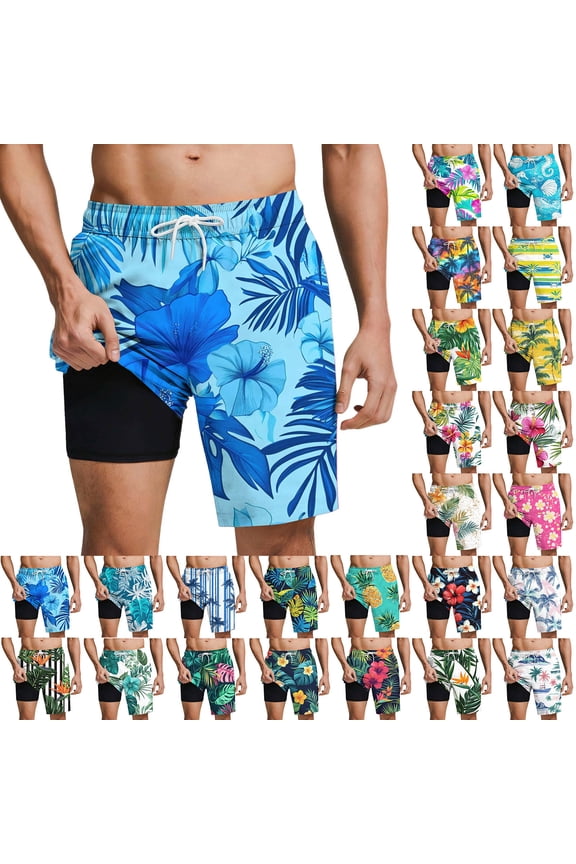 Mens Swim Trunks with Liner 7 inch Bathing Suits Drawstring Elastic Waist 2 in 1 Beach Shorts Tropical Print Swim Shorts with Pockets Blue M