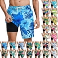 thumbnail image 1 of Momasggi Mens Swim Trunks with Liner 7 inch Bathing Suits Drawstring Elastic Waist 2 in 1 Beach Shorts Tropical Print Swim Shorts with Pockets Blue S, 1 of 9