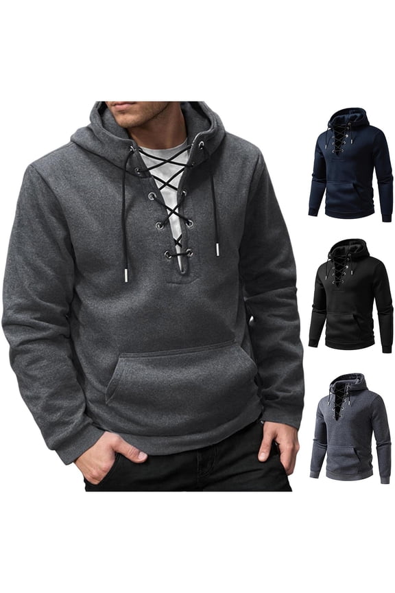 Mens Tactical Hoodies Lace Up Hooded Sweatshirts Long Sleeve Cargo Pullover Tops Outdoor Workout Hoodies with Pockets Navy M