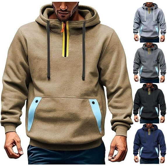 Momasggi Mens Tactical Hoodies Quarter Zip Pullover Tops Fashion Color Block Hoodie Loose Casual Long Sleeve Hooded Sweatshirts with Pockets Khaki 2XL