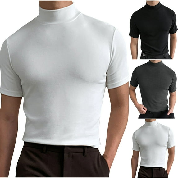 Momasggi Mock Turtleneck for Men Big and Tall Short Sleeve T-Shirts Slim Fit Solid Color Basic Tops Soft Comfy Summer Tshirts White XL