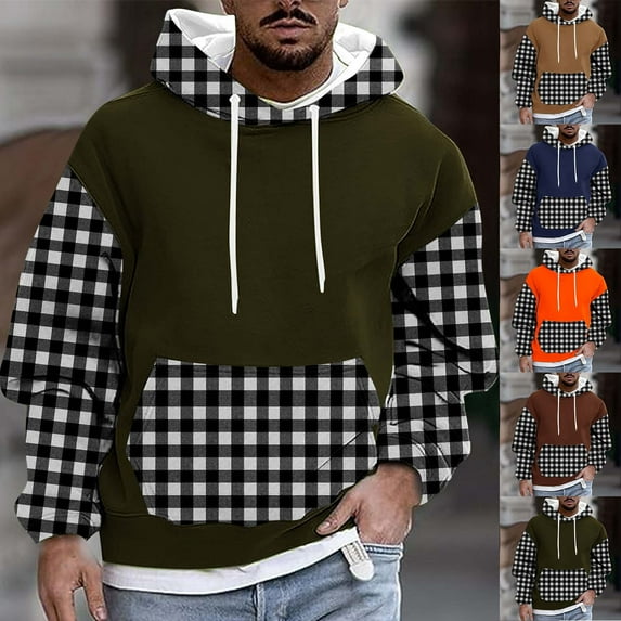 Momasggi Oversized Hoodies for Men Big and Tall Long Sleeve Drawstring Hooded Sweatshirt Plaid Color Block Pullover Tops Fall Winter Fleece Hoodie with Pockets Brown 4XL