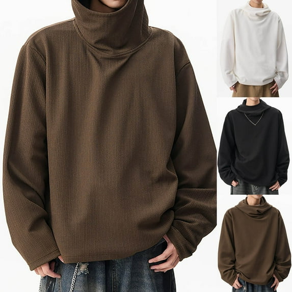Momasggi Oversized Turtleneck Hoodies for Men Trendy Textured Hooded Sweatshirt Loose Casual Long Sleeve Drop Shoulder Sweatshirts Fashion Solid Color Pullover Tops Brown 3XL