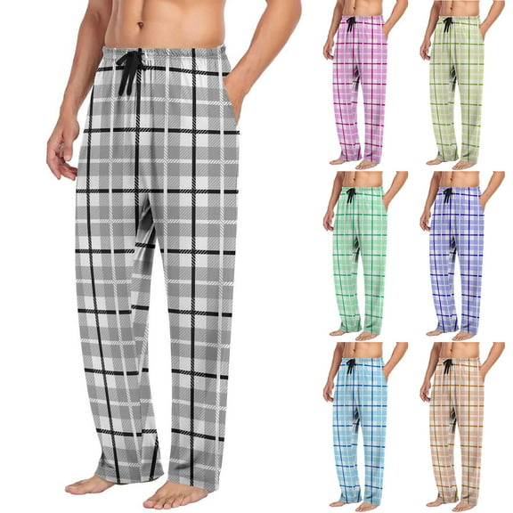 Momasggi Plaid Pajama Pants for Men Lightweight Soft Sleep Pant Comfy Drawstring Waist Lounge Pants Loose Straight Leg Pj Bottoms with Pockets Khaki L