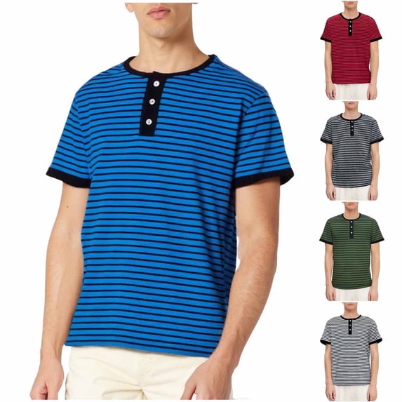 Momasggi Striped T Shirts for Men Henley Shirt Summer Short Sleeve Button Crew Neck Tshirts Dressy Casual Business Work Tops Red S