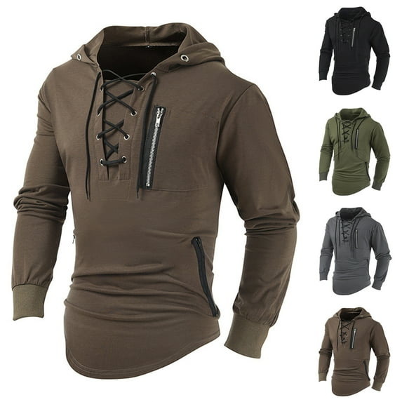 Momasggi Tactical Hoodies for Men Lace Up Hooded Sweatshirt Casual Outdoor Long Sleeve Drawstring Hoodie Slim Fit Athletic Pullover Tops with Side Zip Pockets Black 3XL