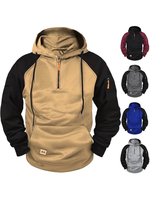 Tactical Hoodies for Men Oversized Long Sleeve Drawstring Hooded Sweatshirt Fashion Color Block Hoodie Outdoor Hiking Pullover Tops with Pockets Khaki L