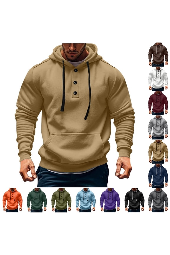 Tactical Hoodies for Men Quarter Button Up Pullover Tops Casual Long Sleeve Drawstring Hooded Sweatshirt Fall Winter Fleece Hoodie Outdoor Sweatshirts with Pockets Khaki S