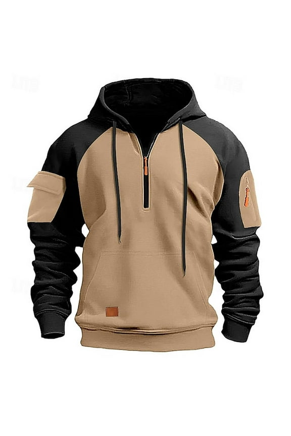 Tactical Hoodies for Men Quarter Zip Pullover Tops Drawstring Long Sleeve Hooded Sweatshirts Colorblock Sweatshirt Winter Warm Outdoor Hoodie with Pockets Black L