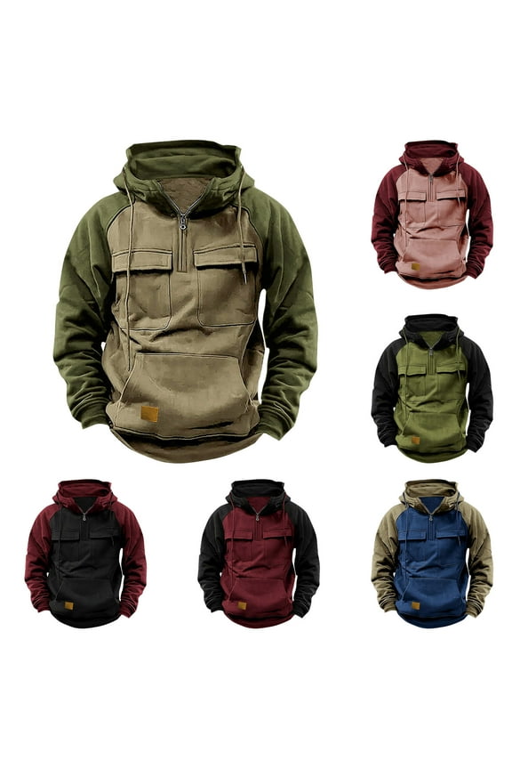Tactical Hoodies for Men Quarter Zip Pullover Tops Slim Fit Long Sleeve Drawstring Hooded Sweatshirts Vintage Color Block Sweatshirt Outdoor Hoodie with Pockets Blue 3XL