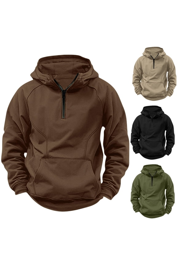Tactical Hoodies for Men Quarter Zip Pullover Tops Solid Color Long Sleeve Stand Collar Hooded Sweatshirts Solid Color Outdoor Winter Hoodie with Pockets Brown M