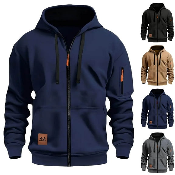 Momasggi Tactical Hoodies for Men Full Zip Hooded Jacket Fall Long Sleeve Drawstring Sweatshirt Casual Workout Athletic Outfits with Pockets Black S