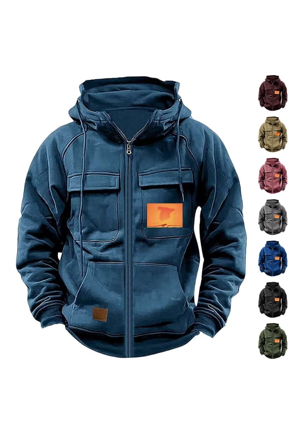 Tactical Hoodies for Men Full Zip Long Sleeve Hooded Jacket Drawstring Long Sleeve Cargo Hoodie Outdoor Winter Jackets with Pockets Navy 2XL