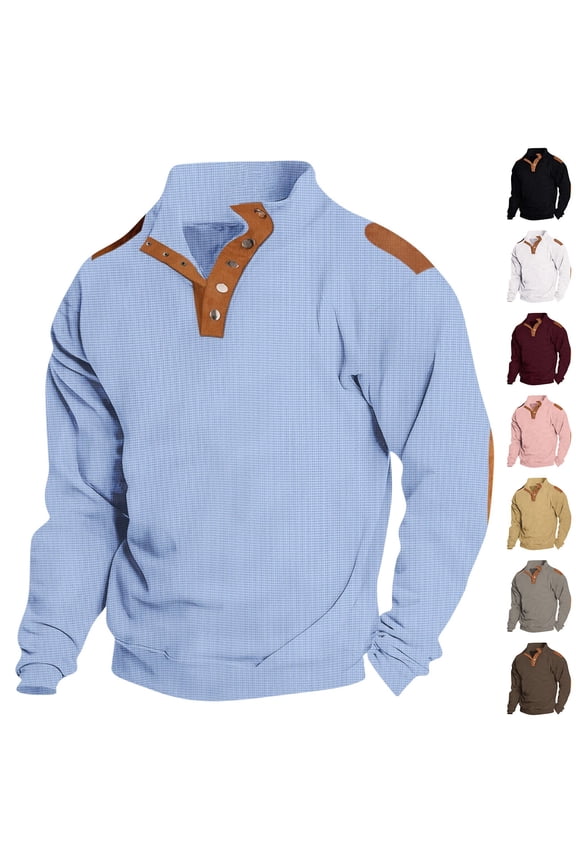 Tactical Sweatshirt for Men Casual Mock Neck Button Down Pullover Tops Fall Winter Long Sleeve Sweatshirts with Elbow Patches Outdoor Workout Sweatshirts Black 3XL