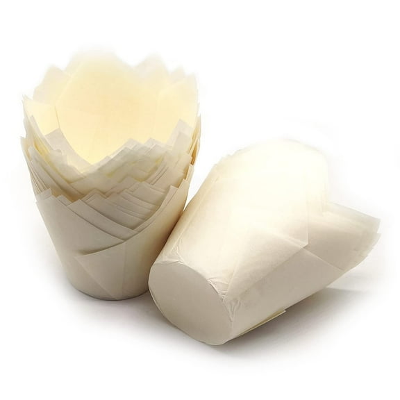 Mombake Tulip Cupcake Liners White Standard, Unbleached Premium Greaseproof Baking Cups, 50-Count