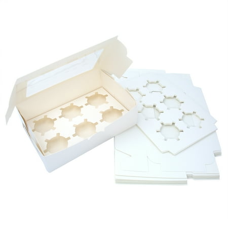 Mombake White Cupcake Boxes Hold 6 Disposable Muffin Containers with Inserts and Transparent Window, 12-Pack