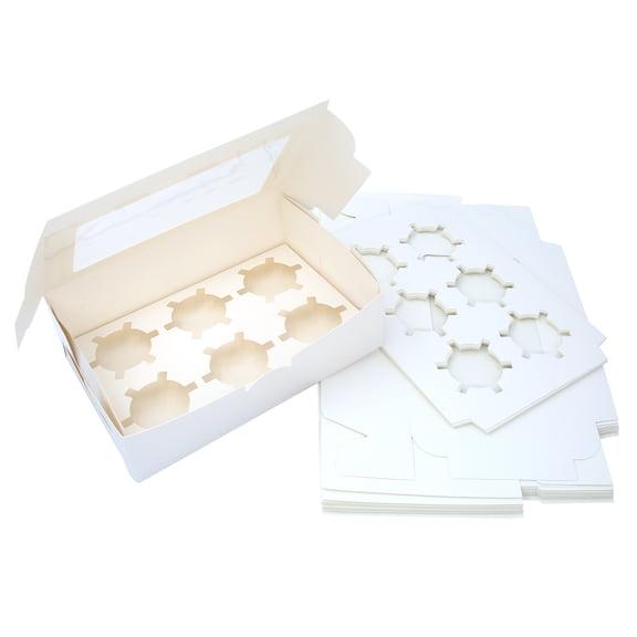 Mombake White Cupcake Boxes Hold 6 Disposable Muffin Containers with Inserts and Transparent Window, 12-Pack