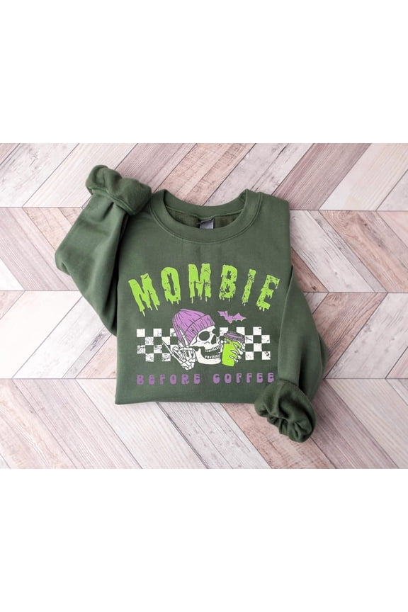 Mombie Before Coffee Shirt, Mombie Shirt, Neon Zombie Mom Sweatshirt, Spooky Season Tee, Cute Sweatshirts For Moms All Size S-5Xl