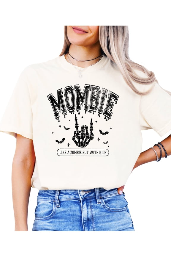 Mombie Like a Zombie but with Kids Halloween Shirt For Women Funny Rocker Mom Graphic T-Shirt Ivory Shirt Adult Large